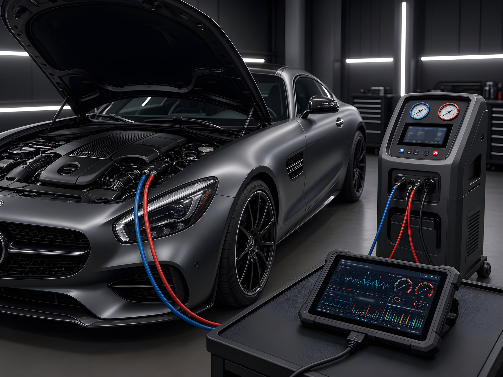 Sportinio automobilio kondicionieriaus aptarnavimas: atidarytas variklio dangtis, pildymo stotelė ir diagnostikos planšetė